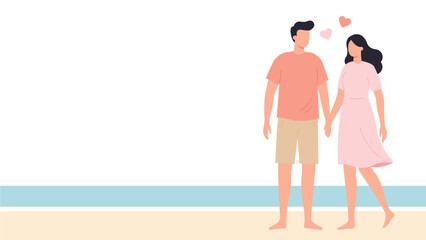 Romantic Valentine Couple at the Beach in Modern Flat Pastel Illustration