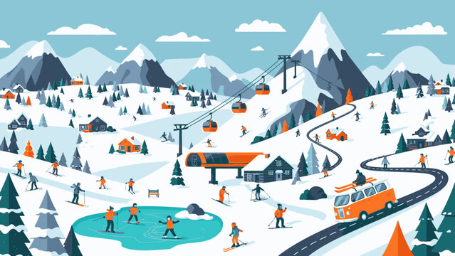 Vibrant ski resort scene with skiers, snow-covered mountains, and orange lifts