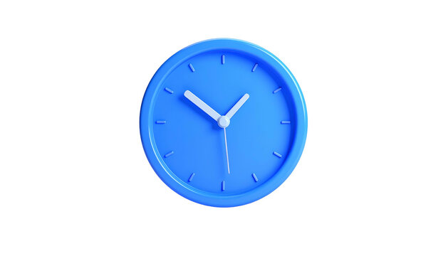 3D render of a simple, blue clock with white hands, centered against black background