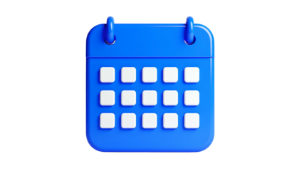 A bright blue 3D render of a calendar with white date squares, isolated on black