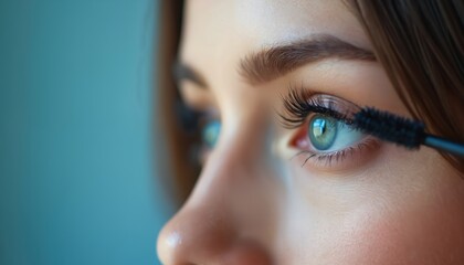 Close up profile shot of young woman applying black mascara to her long lashes with a wand. Her blue eye is focused and bright, skin is clear, eyebrow arched neatly. Beauty routine.