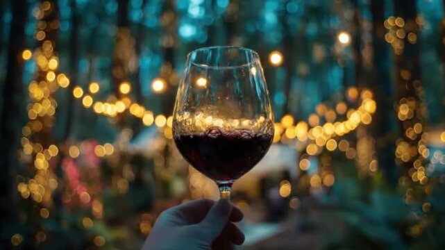 A person's hand holds up a glass of red wine against a magical, enchanted forest background at twilight. Beautiful, warm, golden string lights are blurred into a festive bokeh, creating a cozy and rom