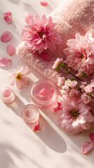 Soft pink beauty products surrounded by fresh flowers and a towel on a bright surface