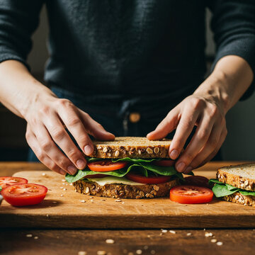 A pair of hands pressing together a rustic homemade sandwich with leafy greens, tomatoes, and whole-grain bread on a wooden table
