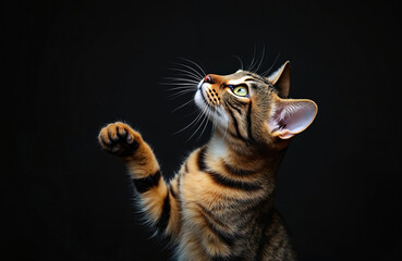 Tabby cat with green eyes looks up inquisitively. Its paw is raised as if reaching for something. Studio portrait highlights feline grace and alertness against dark backdrop.