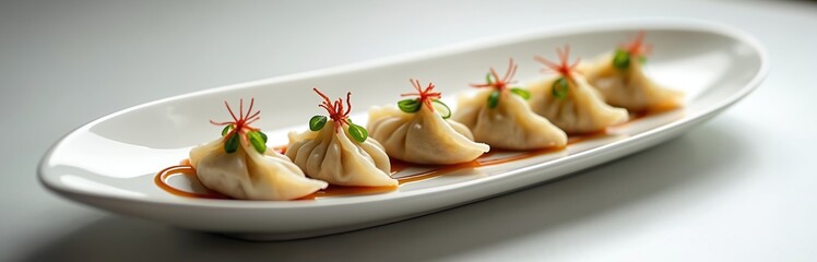 Seven classic Chinese dumplings arranged on white platter with glossy sauce. Savory treats feature red accents, suggesting flavorful fillings, refined presentation. Image gourmet food photography.