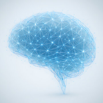 Artificial intelligence represented by connected bright lines forming a human brain design, in shades of light blue and gray, on a white background.