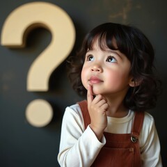 Little girl with finger on chin looks up thoughtfully beside large question mark. Child contemplates big idea or problem seeking answers. Curious kid wonders about unknown future possibilities.