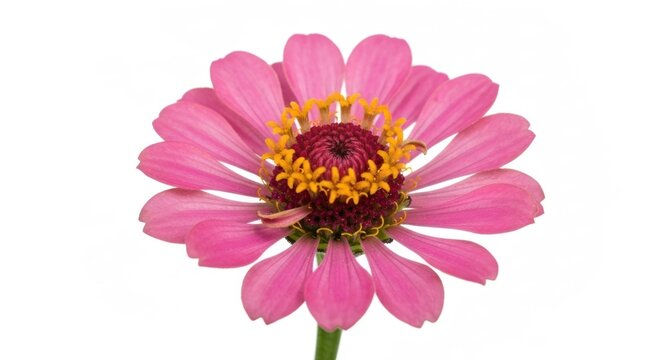 Close-up of a single, vibrant pink zinnia flower, centered against a white background.