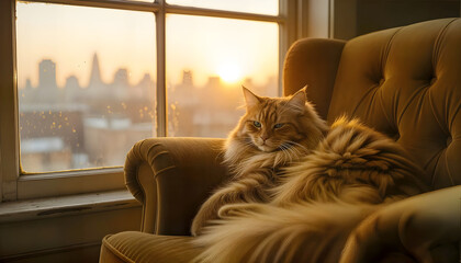 close up sleepy cat on brown sofa during sunset afternoon