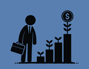 Business stickman with briefcase standing next to growing money plants and bar chart. Concept of financial growth, investment success, and profit.