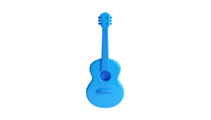 A 3D rendered, light-blue acoustic guitar floats against a stark black background