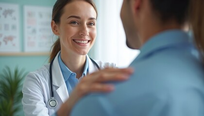 Doctor places hand on patient shoulder offering support, reassurance. Smiling physician shows empathy during consultation in clinic exam room. Caregiving gesture conveys trust, healing connection.