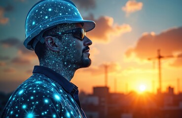 Man in hard hat with digital starry overlay. Futuristic engineer with cybernetic skin gazes at city skyline sunset. Future tech innovation concept.