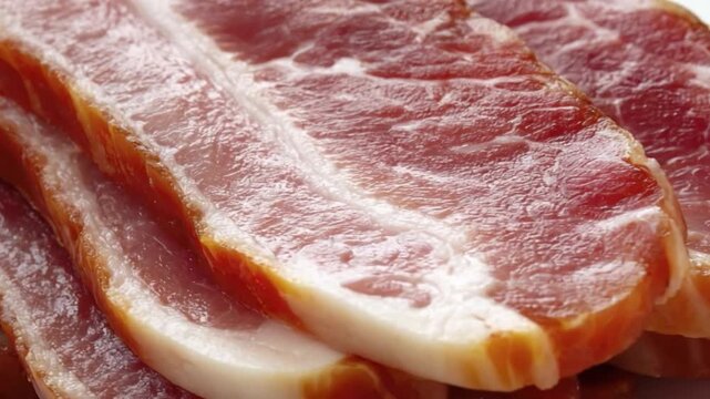 This macro, close-up video showcases multiple slices of raw, cured meat, displaying an appetizing interplay of deep red muscle and pristine white fat. The intricate textures and vibrant colors are cap