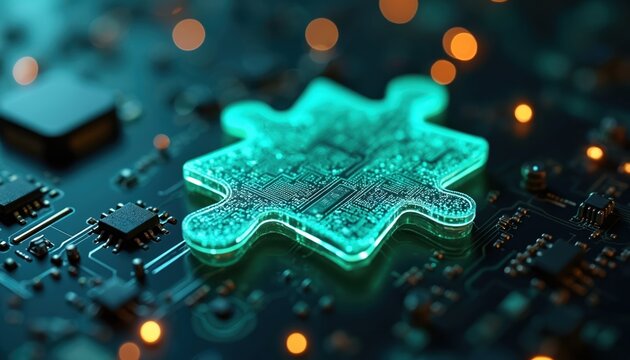 Glowing teal puzzle piece rests on a circuit board with microchips and intricate pathways. Futuristic tech concept symbolizes integration connection data flow and digital innovation strategy.