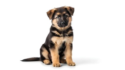 Obraz premium A beautiful, young German Shepherd puppy with distinctive black and tan fur sits attentively on a pure white background, showcasing its endearing innocence and playful nature