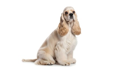 Elegant and well-groomed cream Cocker Spaniel dog posing calmly in a sitting position, showcasing its luxurious fur and characteristic long ears against a clean white backdrop