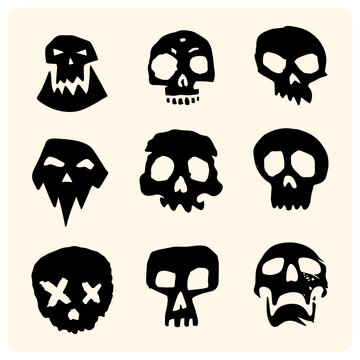Black Brush Stroke Grunge Skull Head Doodle Set