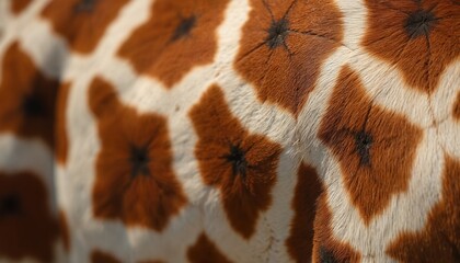 Close up of giraffe hide shows unique brown and white patterned fur. This mammal has irregular spots with dark centers, showing its natural skin texture. Wild animal close view.