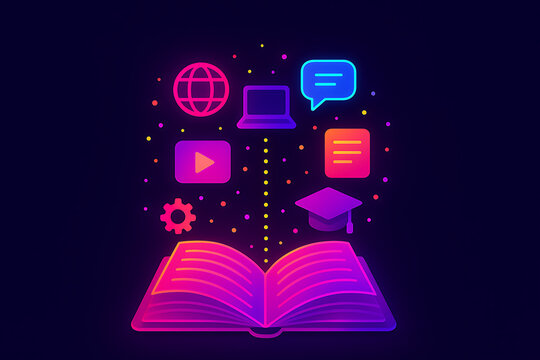 An open book with digital icons and purple light particles, black background.