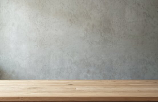 Empty wood table surface in front of textured grey wall background. Natural light illuminates light brown wood grain. Clean neutral backdrop for product display or presentation.