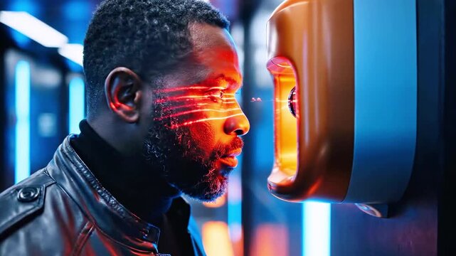 Man leans into facial scanner amid neon corridor, red light aligning with his focused profile, dusk