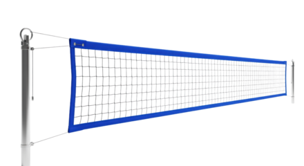 Professional-grade volleyball net with vibrant cobalt blue tape and taut black mesh, isolated against a sterile white studio background. Concept of athletic precision and readiness