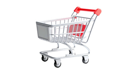 A realistic, white shopping cart with a red handle and seat against a black background