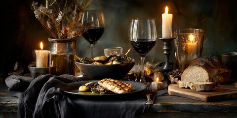 Obraz premium Romantic dinner for two with grilled vegetables, crusty bread and wine is set with candlelight and dried flowers on dark linen.