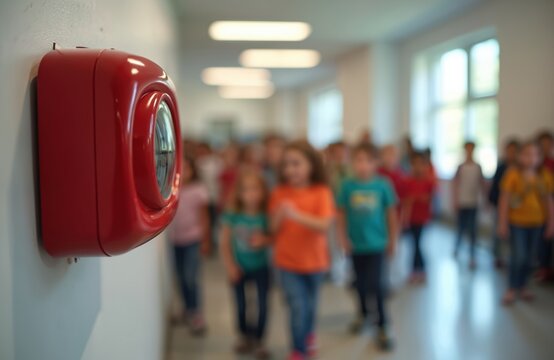Red fire alarm device on wall. School children walk in corridor during safety drill. Focus on alert equipment and emergency preparedness.
