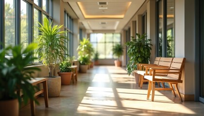 Sunlit hospital corridor interior with wooden benches and potted plants. Large windows let in natural light creating calm, bright atmosphere. Modern, clean waiting area.
