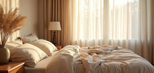 Unmade bed with crumpled beige linen sheets and pillows. Soft natural light streams through sheer curtains, illuminating a serene bedroom. A vase of dried pampas grass adds a touch of boho decor.