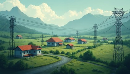 Rural landscape with houses, power lines running through green fields, rolling hills. Electricity towers stand tall connecting grid across countryside. Mountains rise in background under cloudy sky.