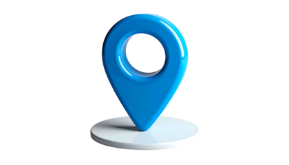 A 3D blue location marker, sitting on a white circular base, against a black background