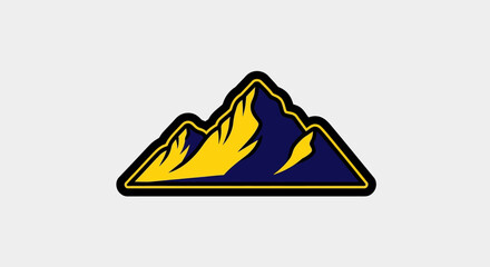 Mountain peak logo design with yellow and blue colors and black outline.
