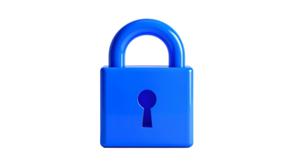 3D-rendered, shiny blue padlock on black background, representing security and protection