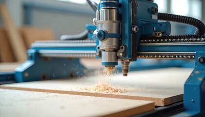 CNC router machine cuts wood panel producing fine sawdust. Automated process uses precision cutting tool for fabrication in a workshop environment.