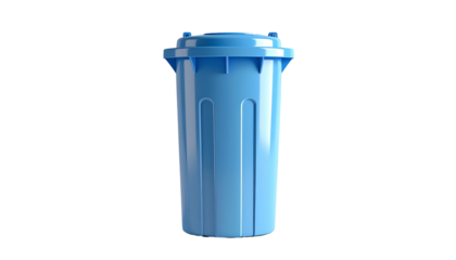 A tall, light blue plastic trash receptacle with a lid, set against a black backdrop