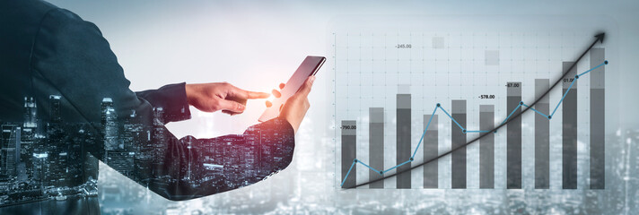 A person uses a smartphone in a city setting, with stylized graphs and data representing business growth, innovation, and technology advancement. Impute
