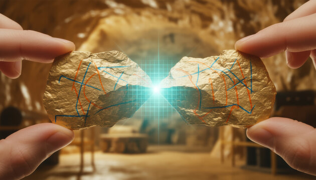 Hand holding gold foil wax pencil line hologram glow cave alignment puzzle hand holding gold foil pieces with glowing hologram core alignment