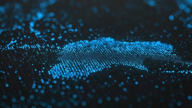 Digital Ukraine map made of glowing blue particles, futuristic data visualization of Ukrainian borders, high-tech cyber security and network concept