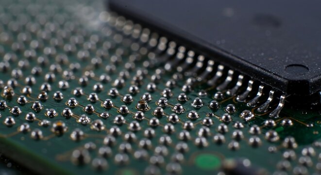 Macro View of BGA Solder Balls and Integrated Circuit Pins.