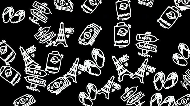 Black and white travel icons pattern background animation.