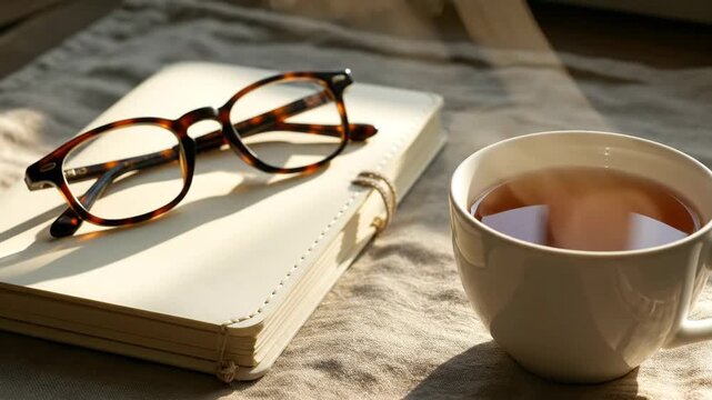 Close-up of Eyeglasses on a Notebook Beside a Cup of Tea with Steam on a Textured Surface
