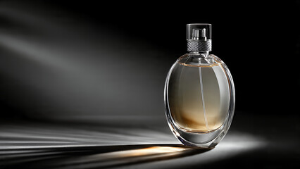 Elegant glass perfume bottle with dramatic studio lighting.