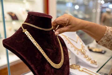 hand adjust gold necklace on manequin. Jewelry store and fashion