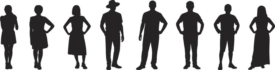 Obraz premium People silhouettes standing poses isolated on white background, diverse characters collection vector