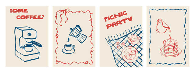 Whimsical cafe doodles featuring coffee cups and breakfast items. Sketch style icons including pancakes, espresso and desserts. Ideal for menu design, branding or retro posters. Vector illustration