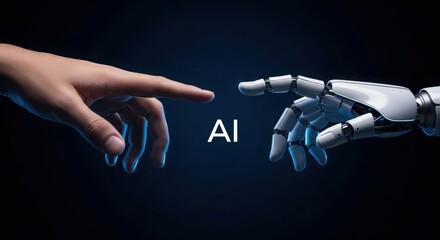 Human hand and robotic hand touching fingertips with AI text